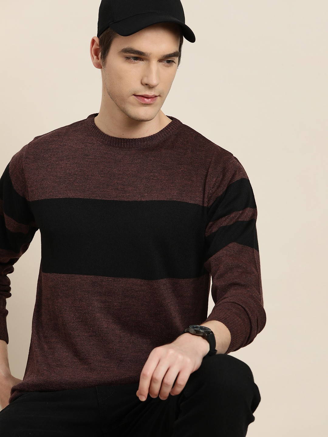 

INVICTUS Men Brown & Black Acrylic Striped Pullover