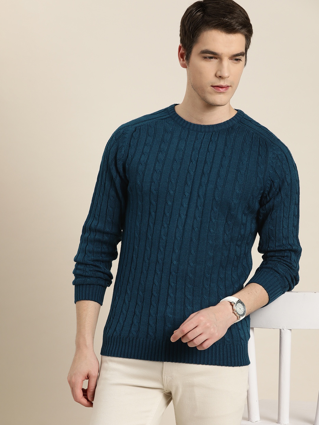 

INVICTUS Men Teal Green Acrylic Cable Knit Pullover