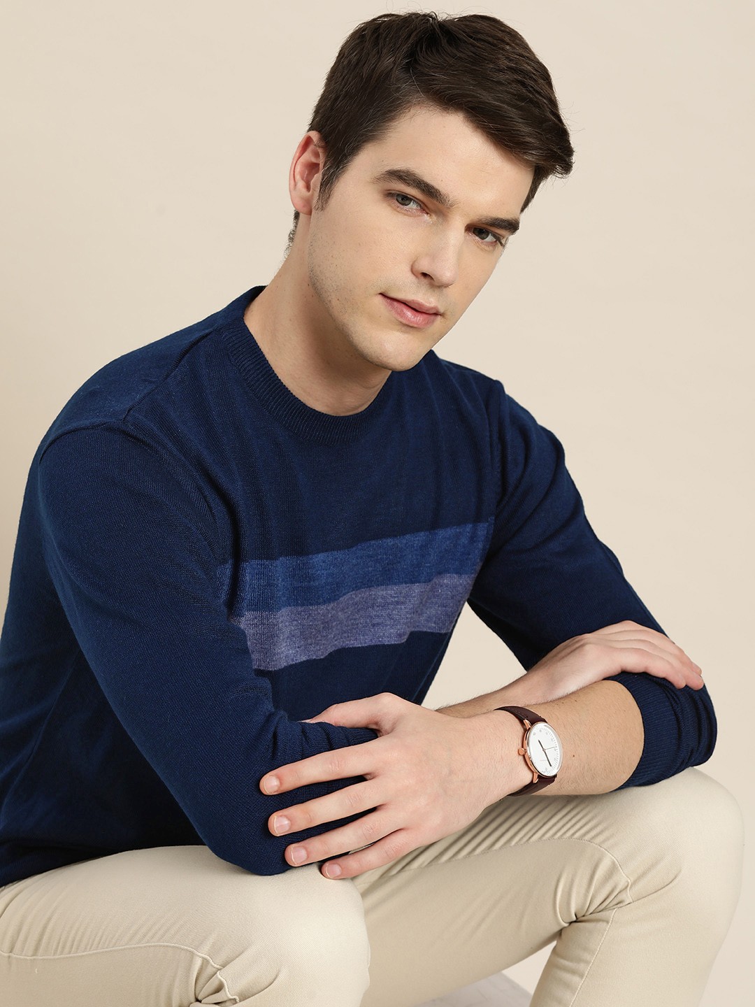 

INVICTUS Men Navy Blue Striped Acrylic Pullover