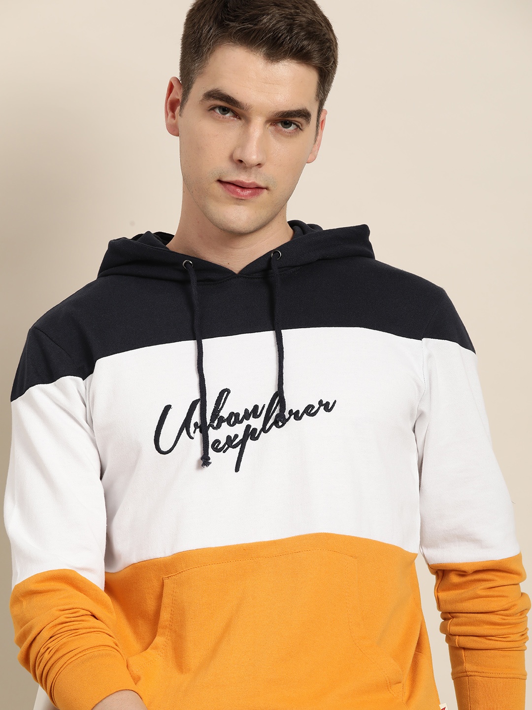 

INVICTUS Men White & Mustard Yellow Striped Pure Cotton Hooded Sweatshirt