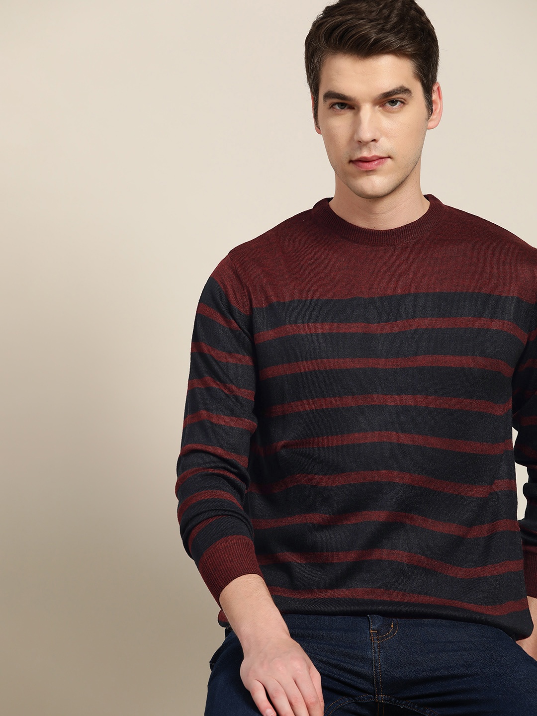 

INVICTUS Men Maroon & Navy Blue Striped Acrylic Pullover