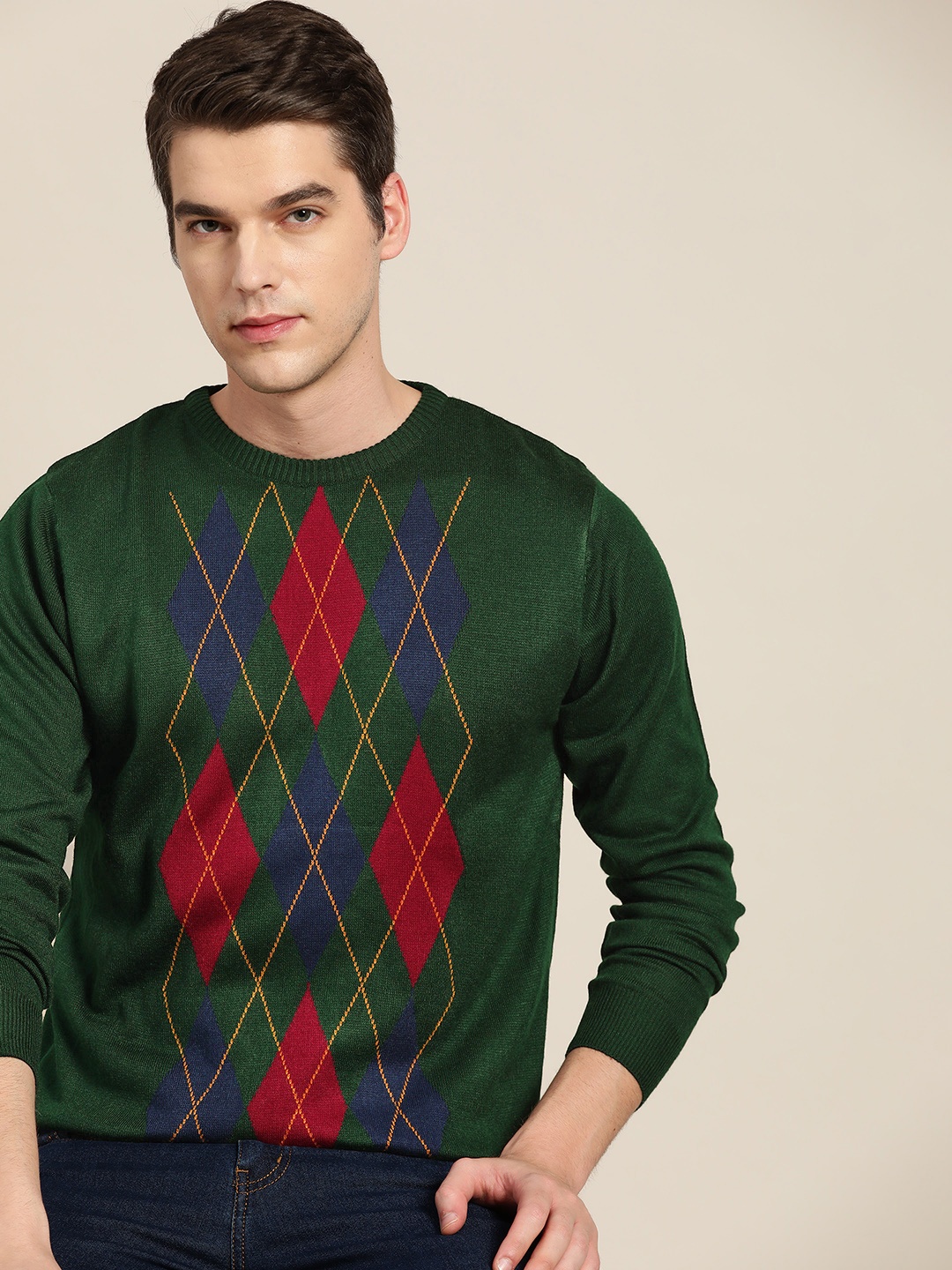 

INVICTUS Men Green & Red Argyle Patterned Acrylic Pullover