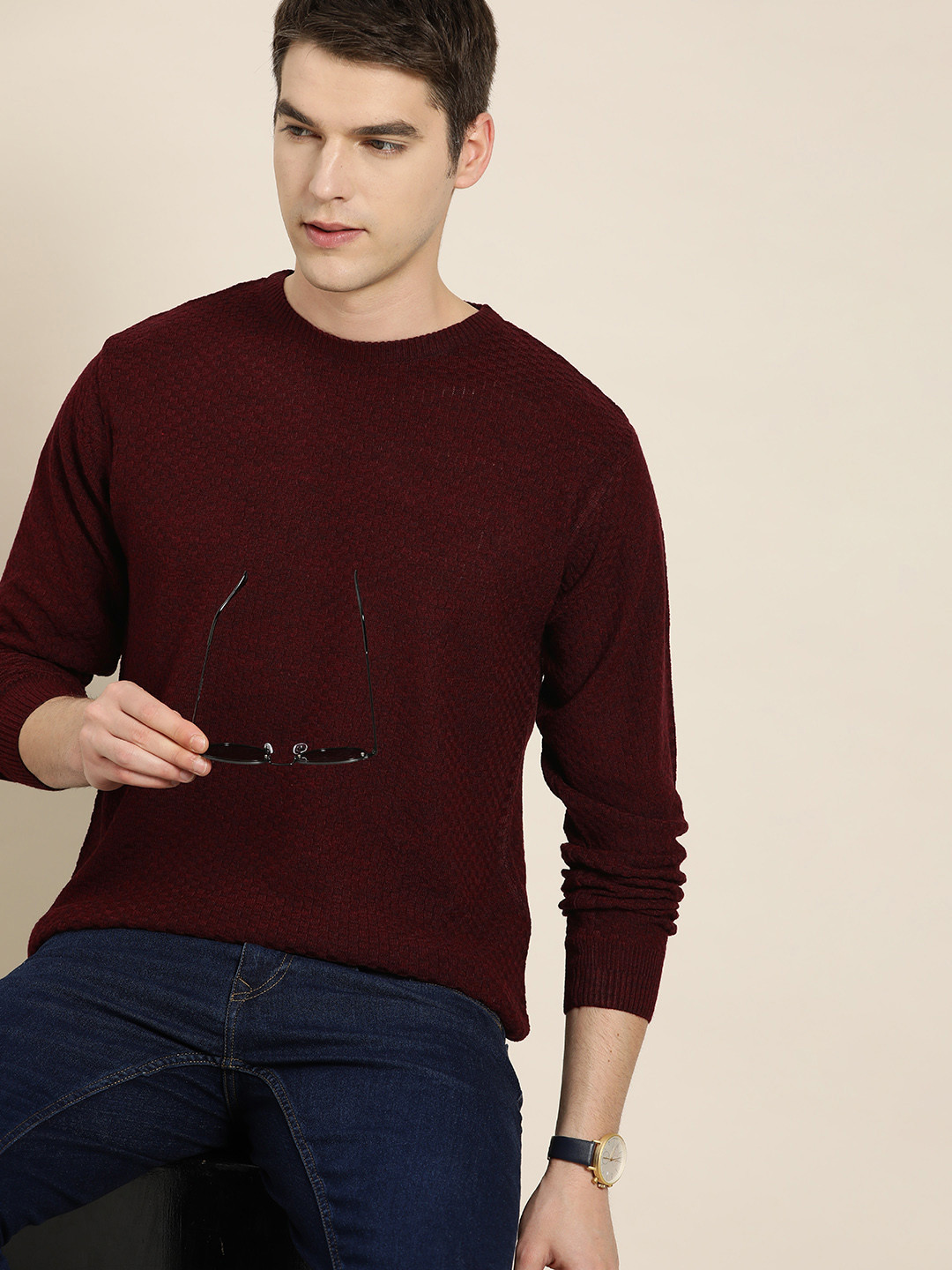 

INVICTUS Men Acrylic Self-Checked Pullover, Maroon