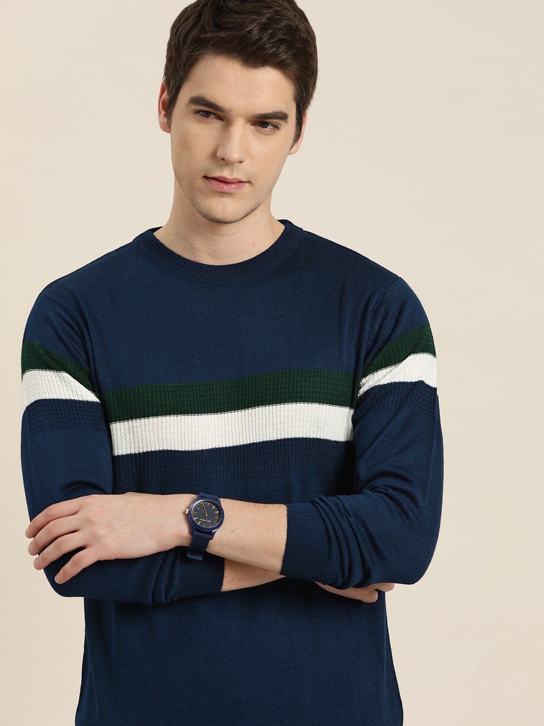 

INVICTUS Men Navy Blue & White Striped Acrylic Sweater