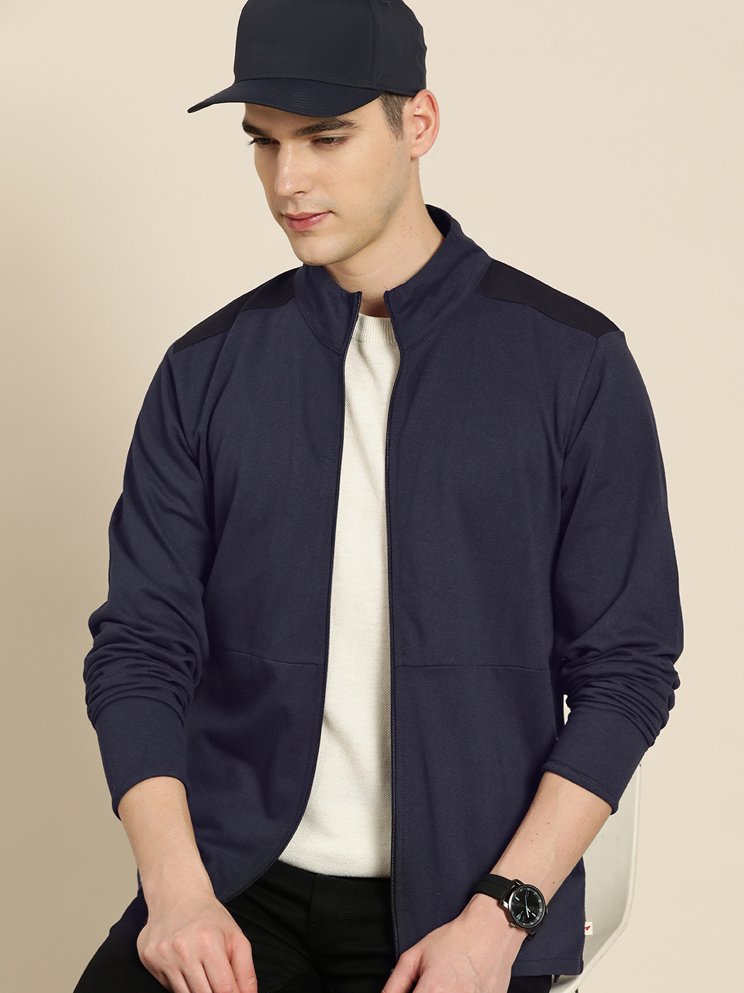 

INVICTUS Men Navy Blue Pure Cotton Tailored Jacket