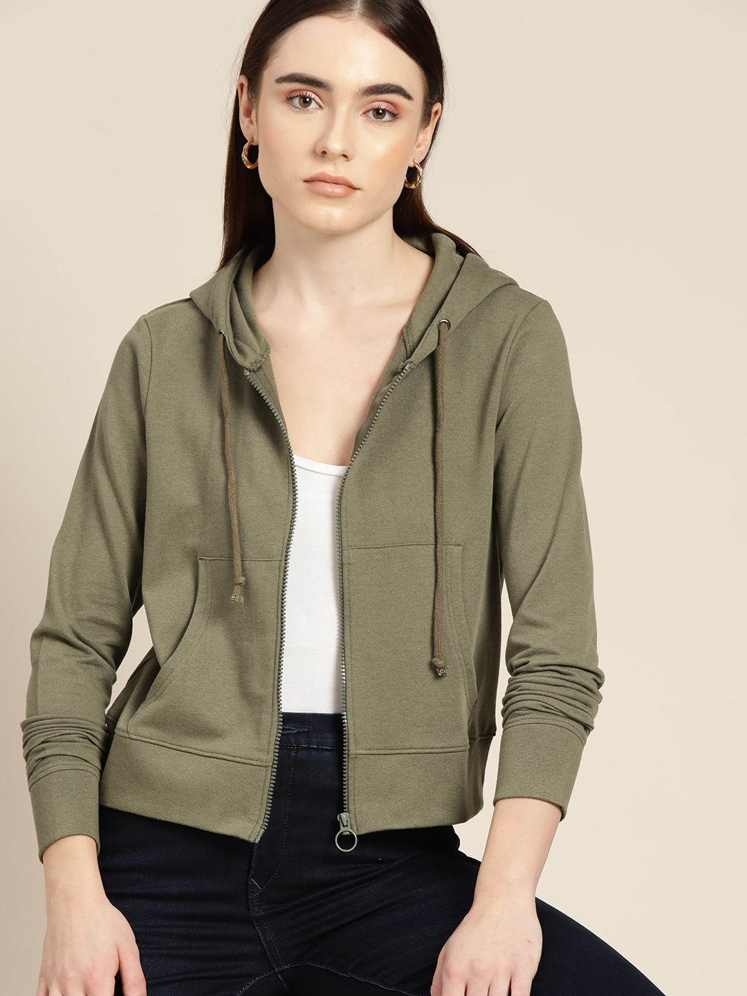 

her by invictus Women Olive Green Solid Hooded Sweatshirt