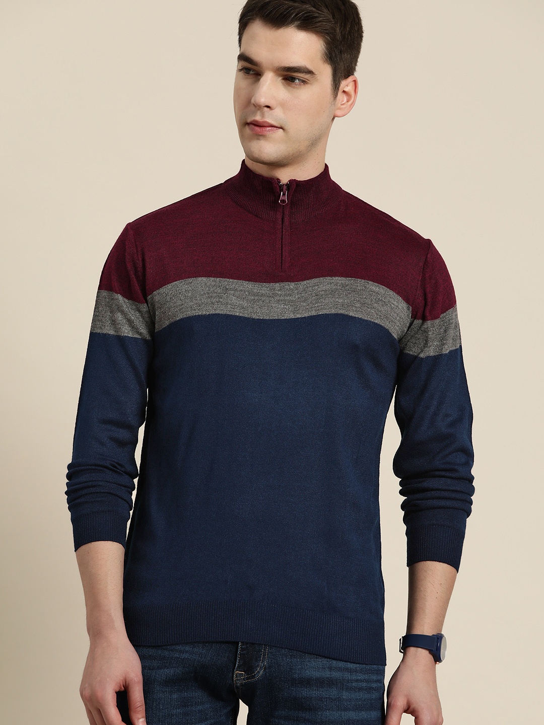 

INVICTUS Men Teal Blue & Maroon Striped Acrylic Half Zipper Pullover