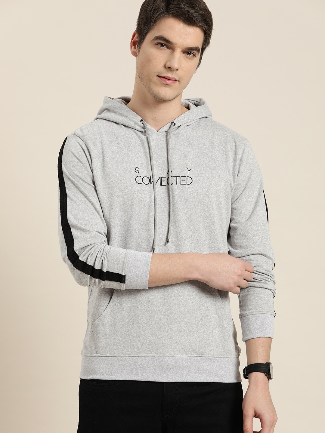 

INVICTUS Men Grey Typography Printed Pure Cotton Hooded Sweatshirt With Striped Detail