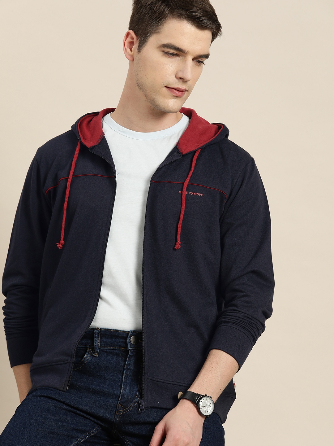 

INVICTUS Men Navy Blue Pure Cotton Hooded Sweatshirt