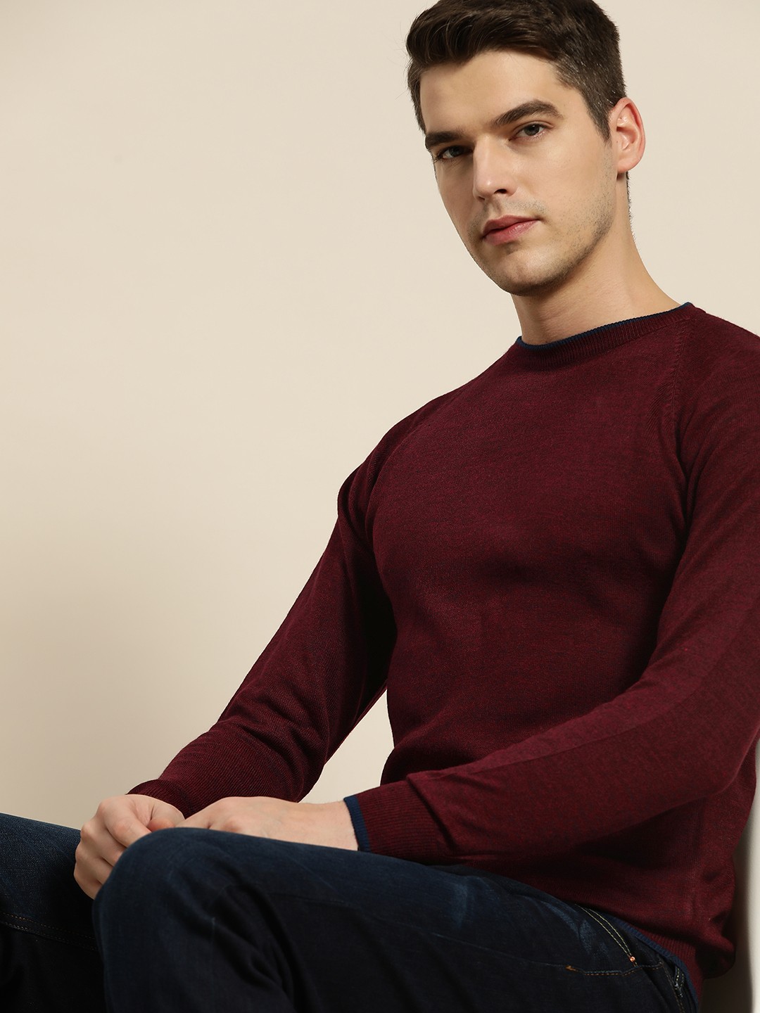 

INVICTUS Men Burgundy Round Neck Knitted Pullover, Maroon