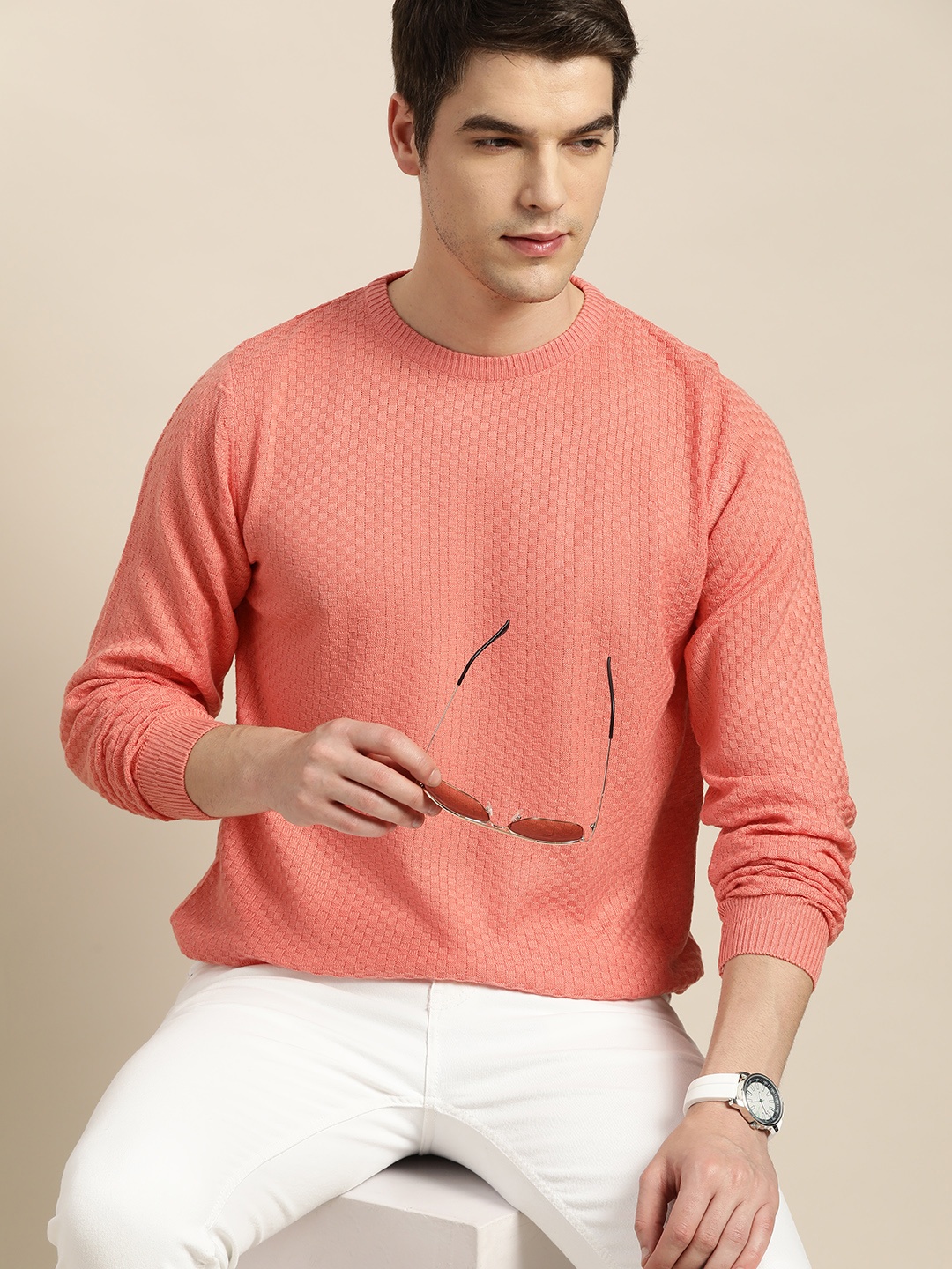 

INVICTUS Men Peach-Coloured Self-Design Acrylic Pullover