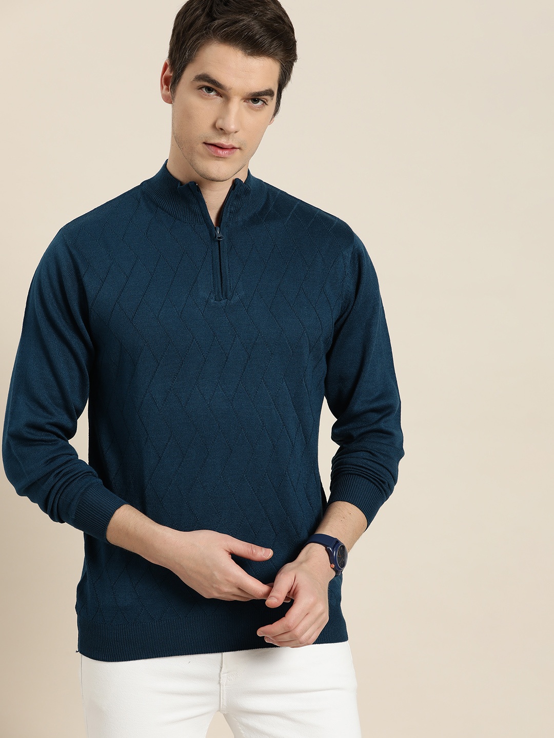 

INVICTUS Men Teal Blue Acrylic Mock Collar Knitted Pullover