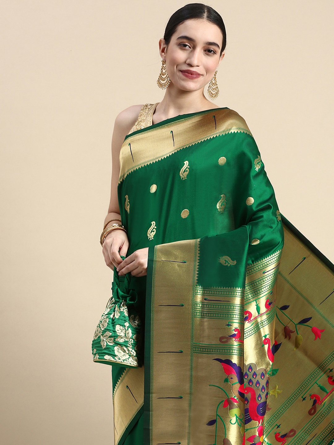 

Mitera Woven Design Silk Blend Paithani Saree, Green