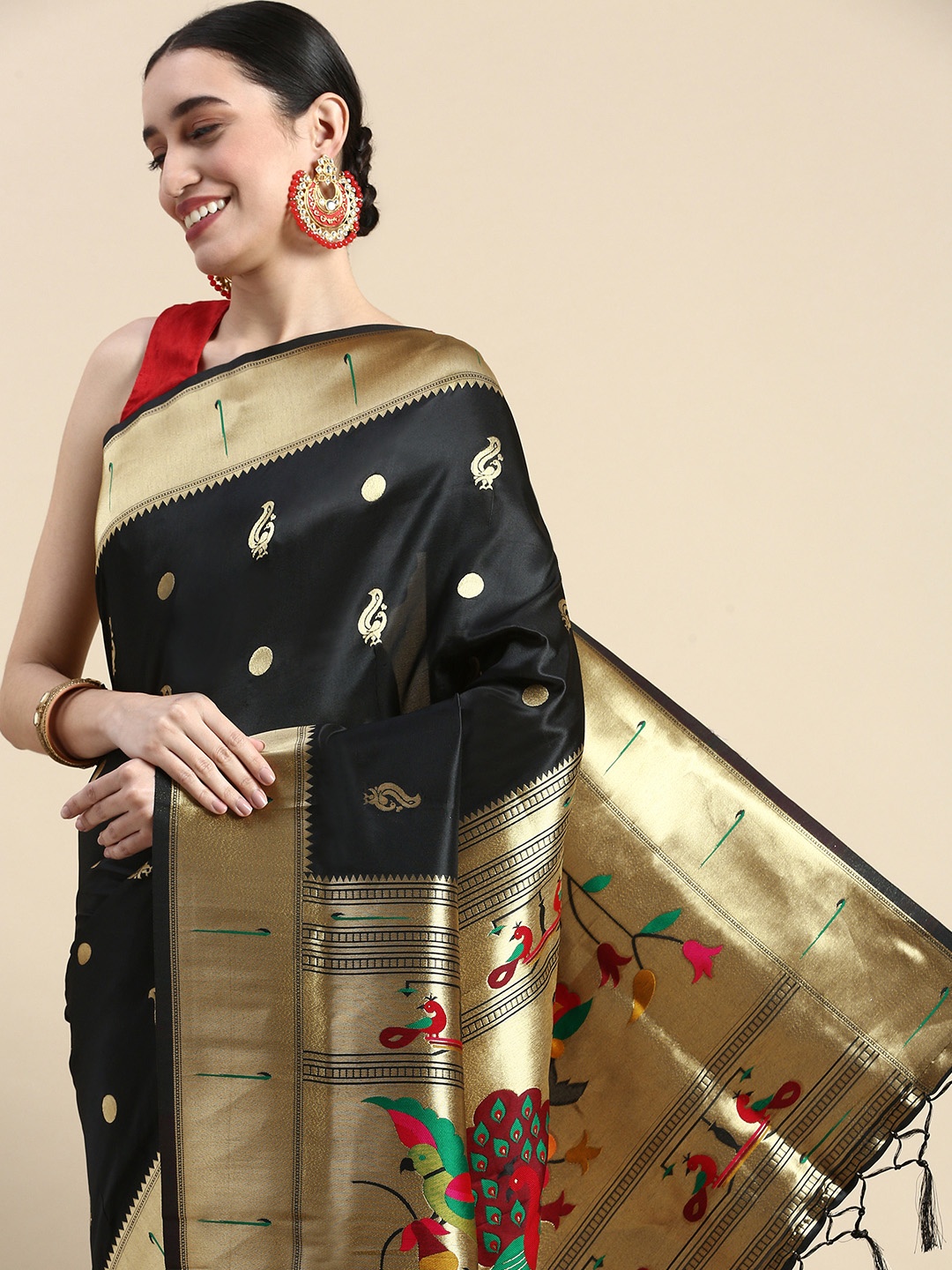 

Mitera Woven Design Silk Blend Paithani Saree, Black