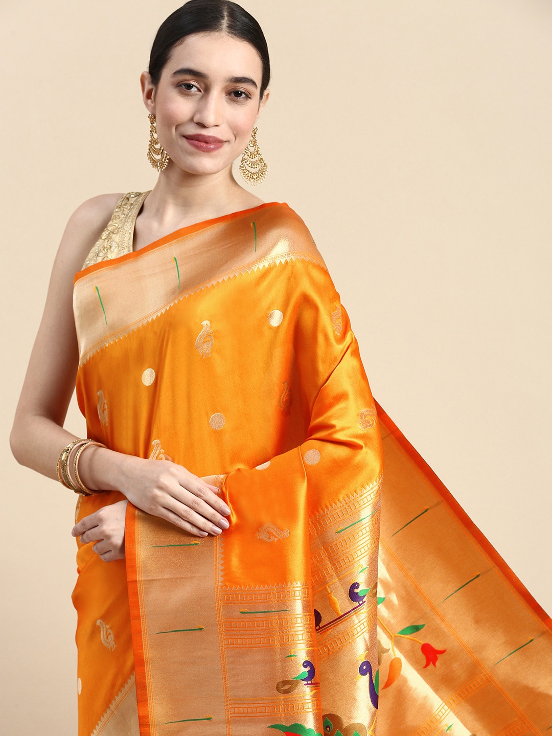 

Mitera Woven Design Silk Blend Paithani Saree, Orange