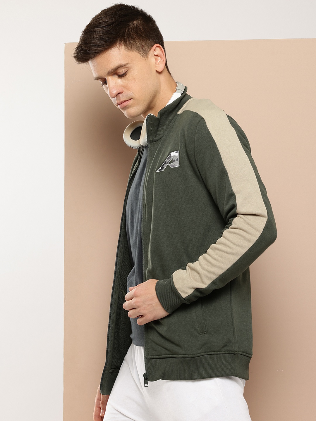 

Alcis Men Olive Green Solid Bomber Jacket with Applique Detail