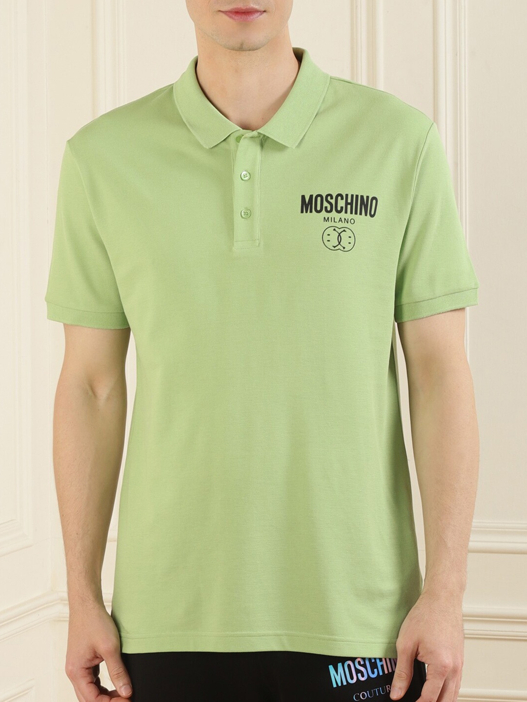 

MOSCHINO COUTURE Men Green Typography Printed Polo Collar Pure Cotton T-shirt