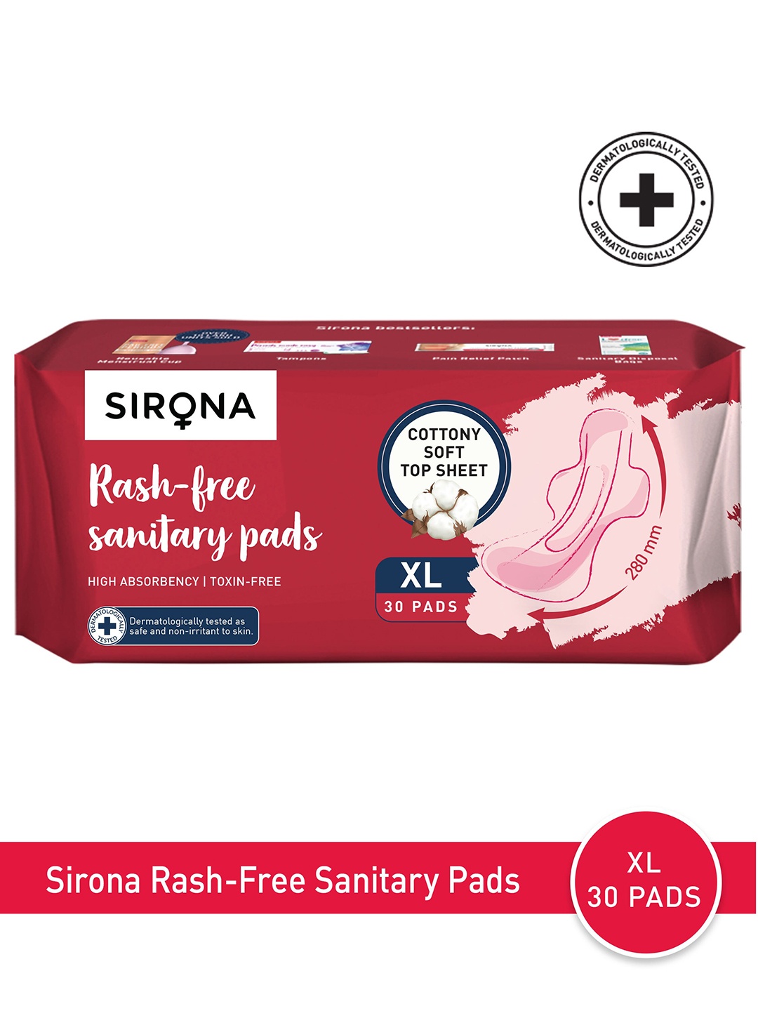 

Sirona Dermatologically Tested Cottony Soft Rash Free XL 280mm Sanitary Pads - 30 Pads, Red