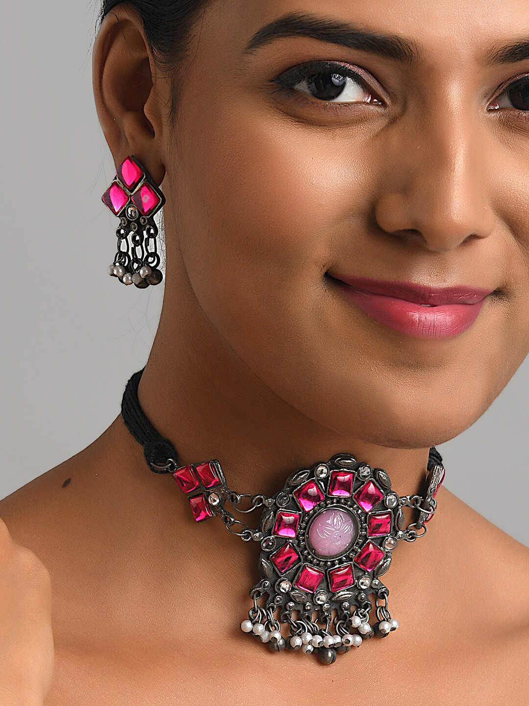 

Fida Silver-Plated Pink Stone Beaded Oxidized Jewellery Set