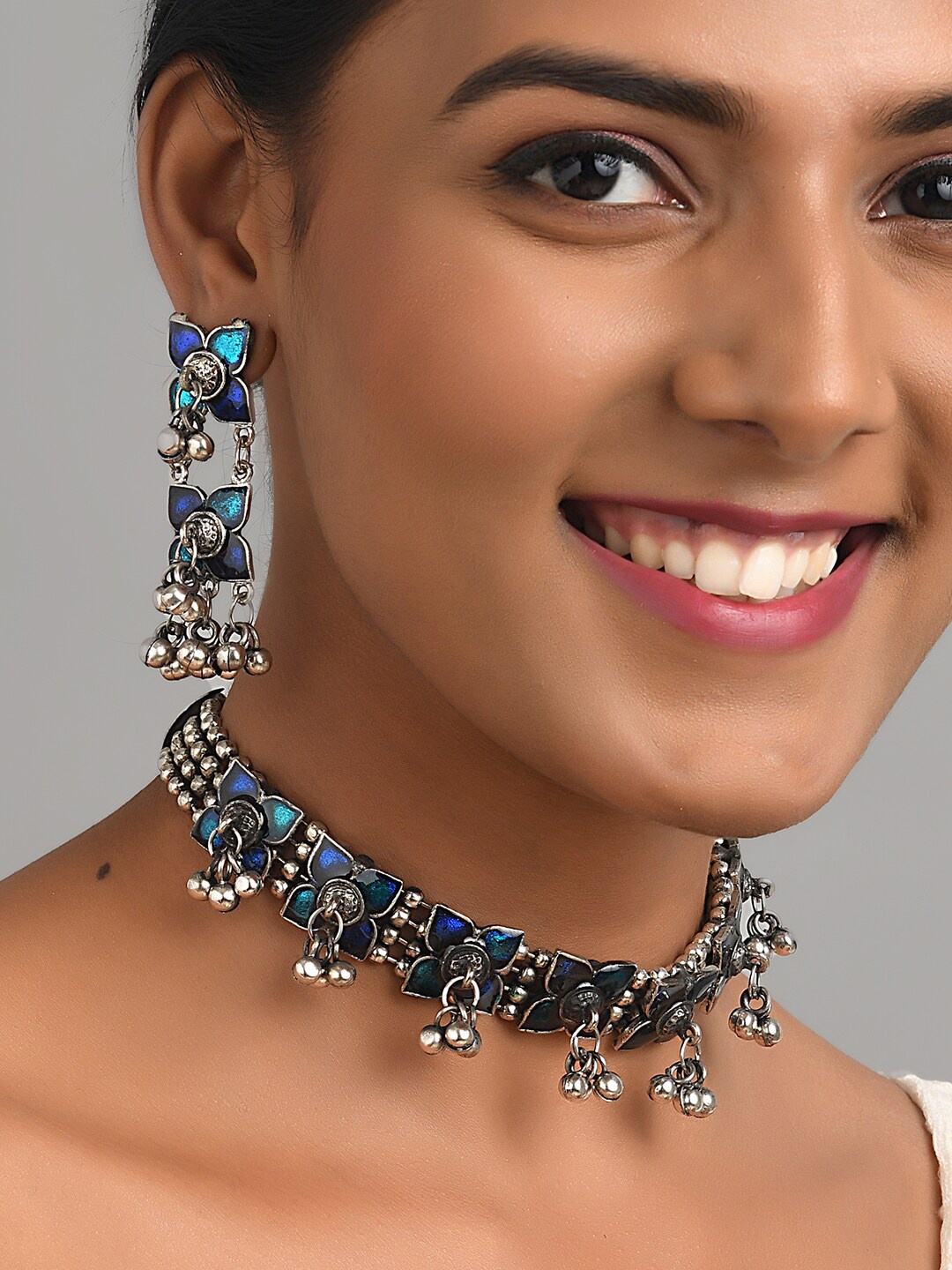 

Fida Silver-Plated Blue Stone Studded & Beaded Layered Jewellery Set