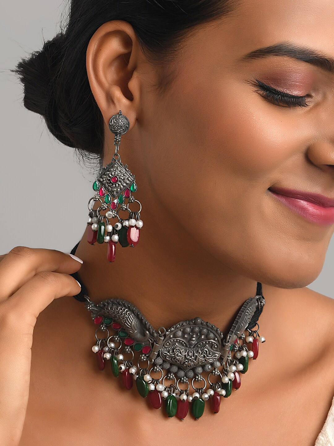 

Fida Oxidised Silver-Plated Green & Red Stone Studded Oxidised Jewellery Set