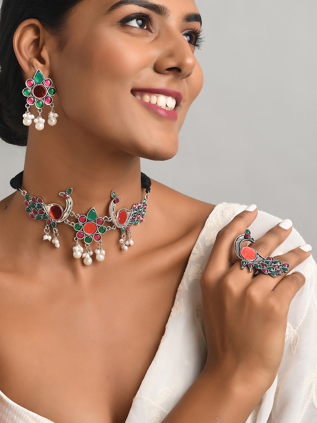 

Fida Silver-Plated Orange & Green Stone Beaded Oxidized Jewellery Set