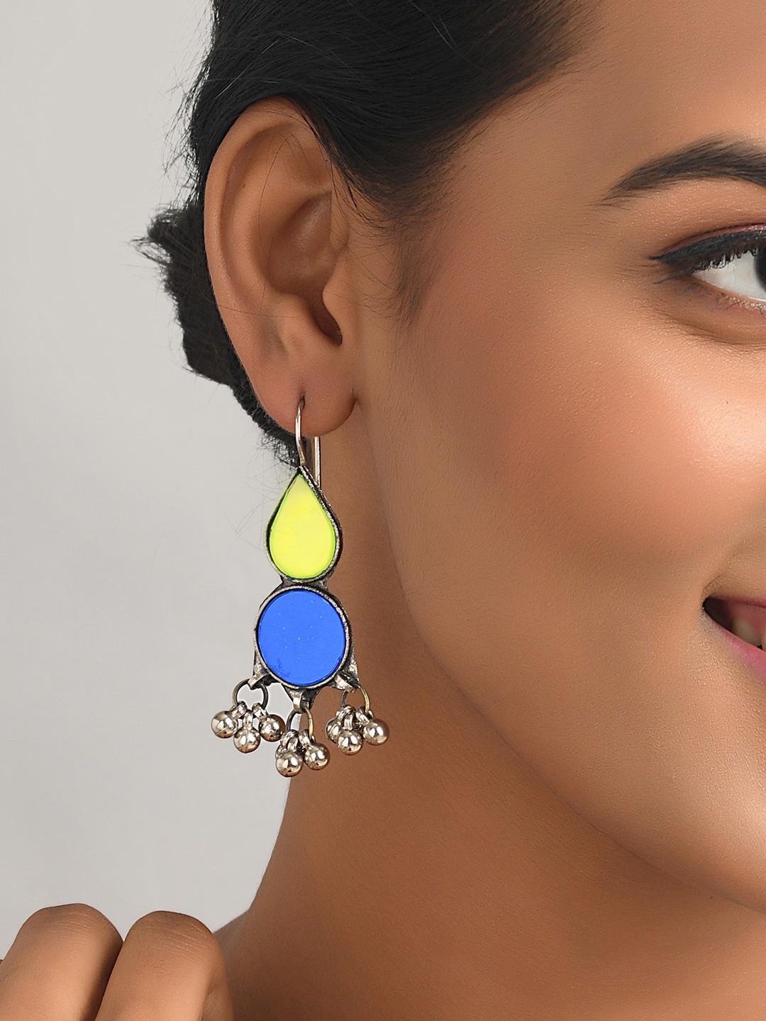 

Fida Multicoloured Silver Plated Meenakari Mirror Kundan Contemporary Drop Earrings, Multi