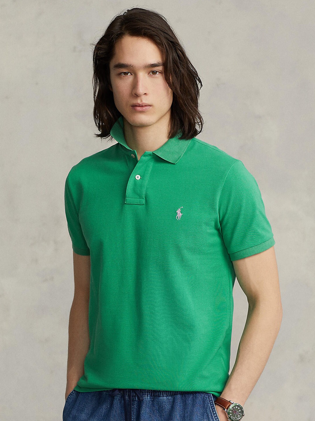 

Polo Ralph Lauren Men Green Solid Cotton Polo Collar T-shirt