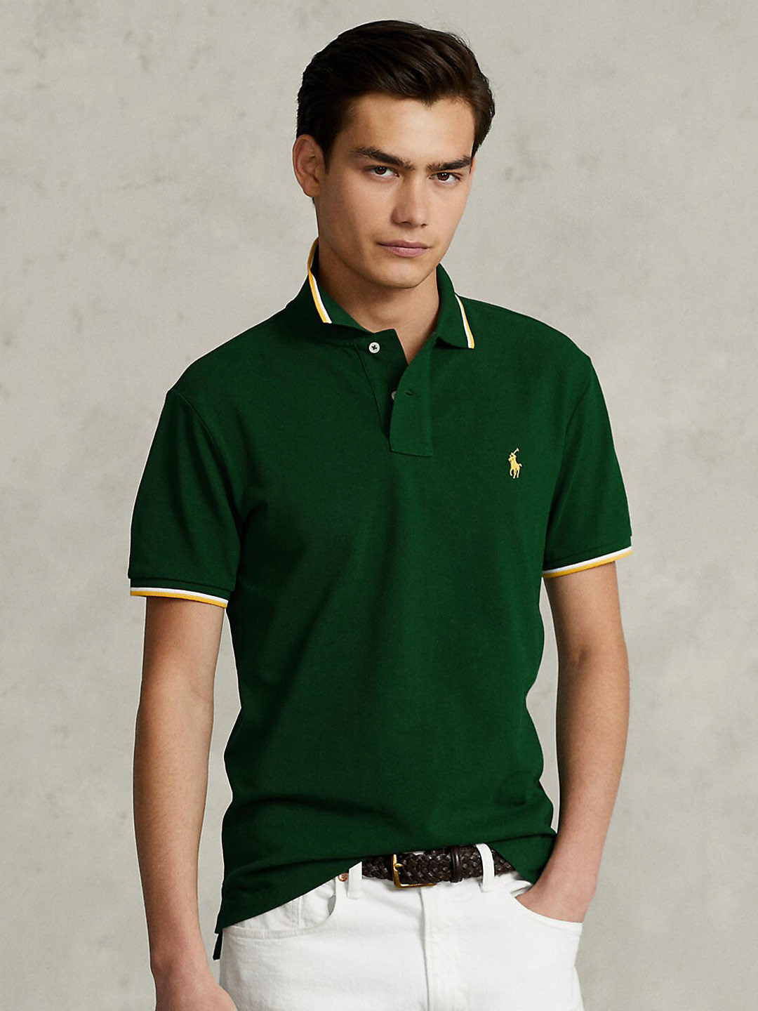 

Polo Ralph Lauren Men Green Solid Cotton Polo Collar Tshirts