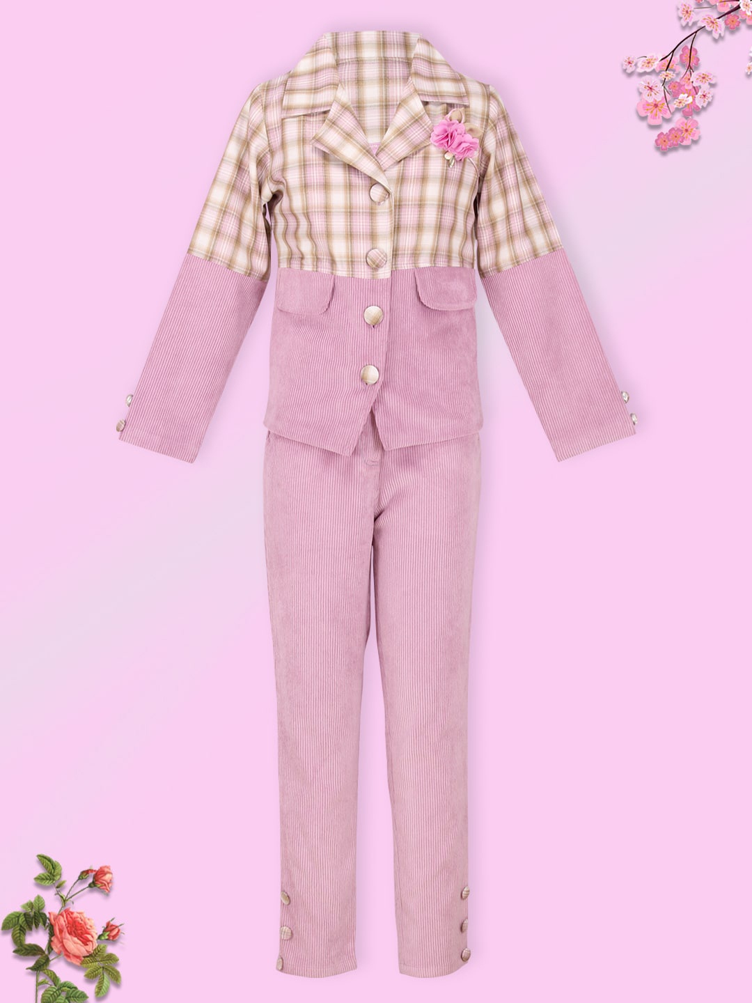 

CUTECUMBER Girls Pink & Brown Checked Coat with Trousers