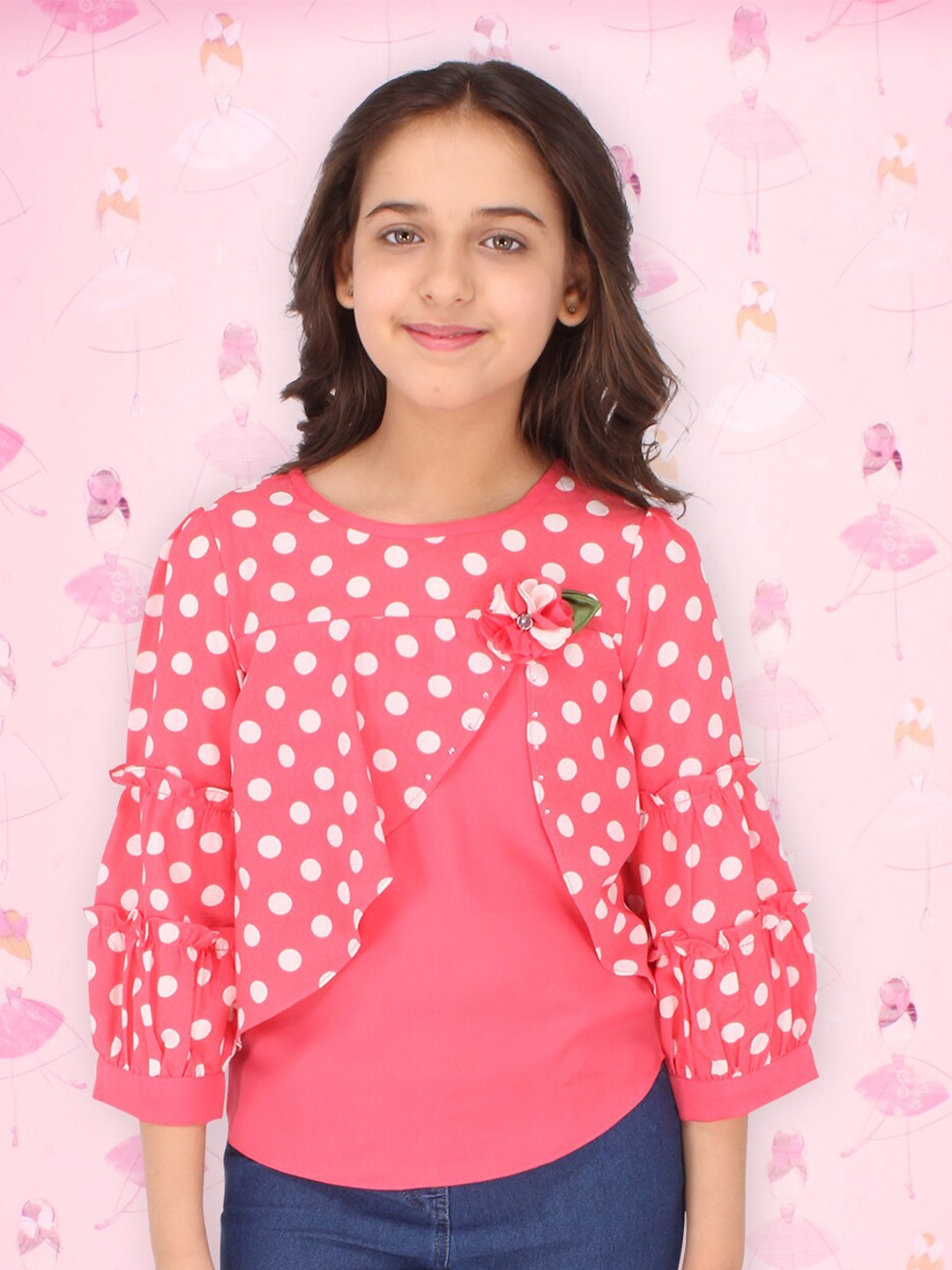 

CUTECUMBER Pink Print Applique Georgette Top