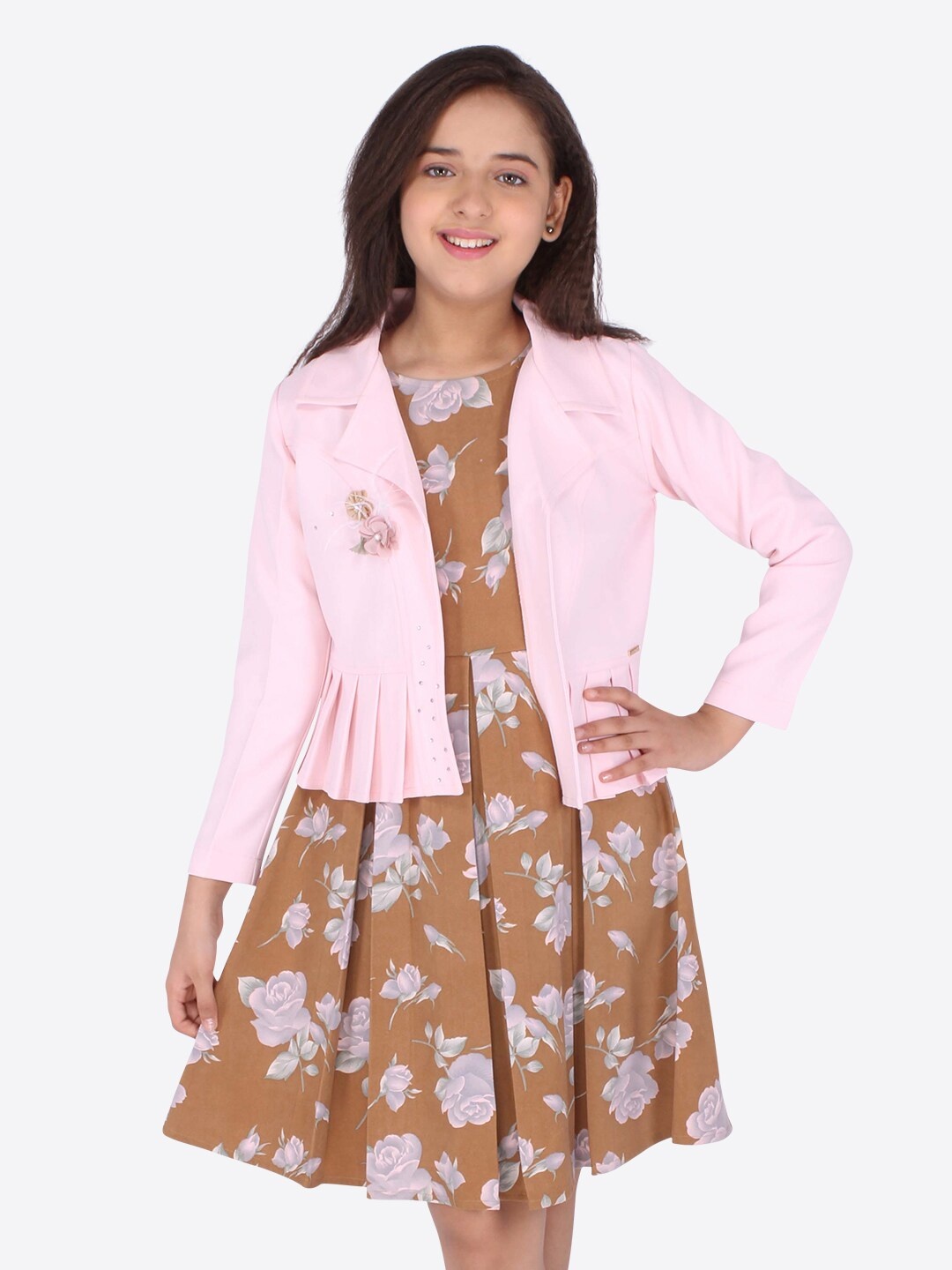 

CUTECUMBER Girls Brown & Pink Floral Jacquard Dress with Shrug