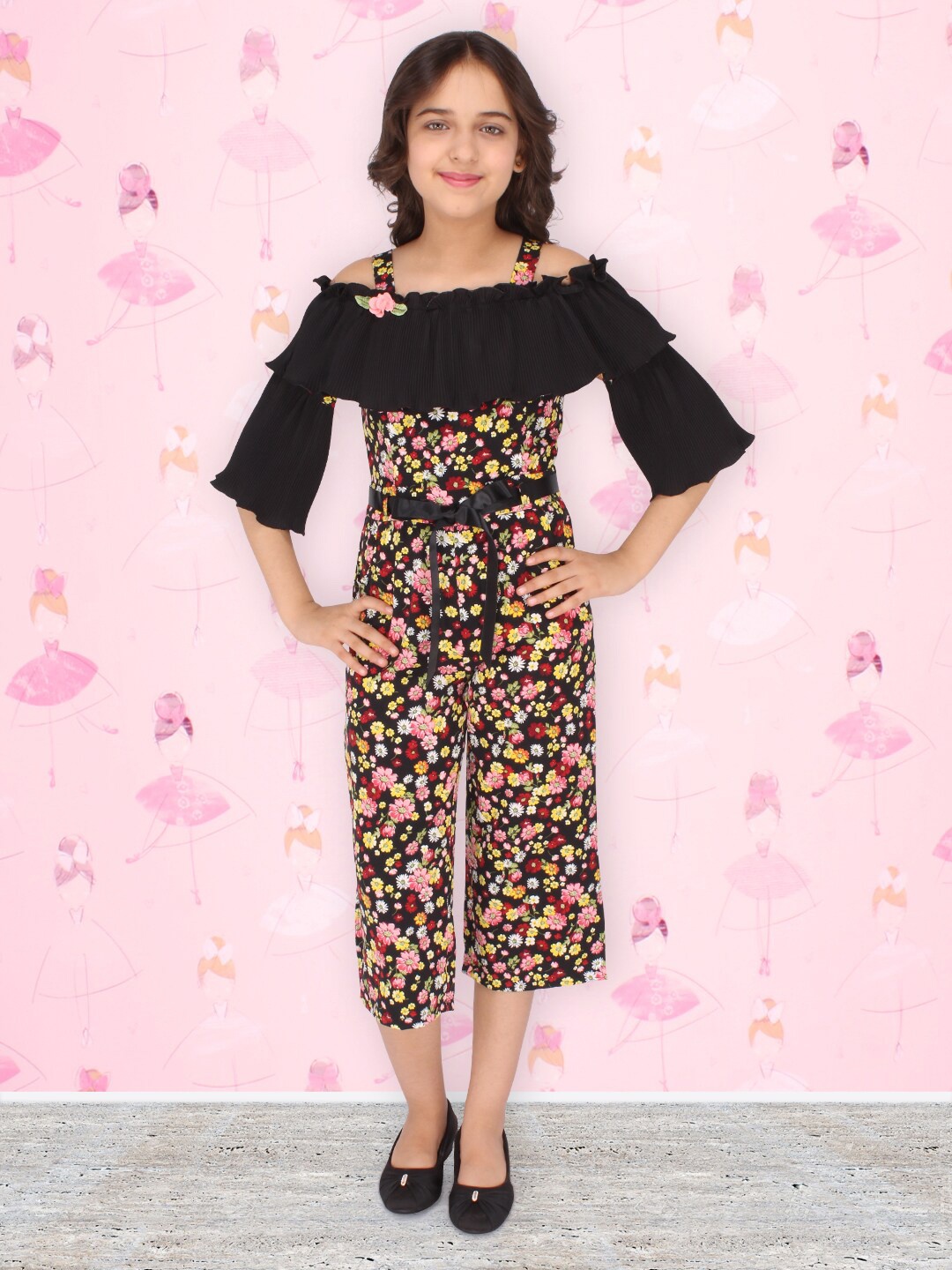 

CUTECUMBER Girls Black & Orange Printed Culotte Jumpsuit