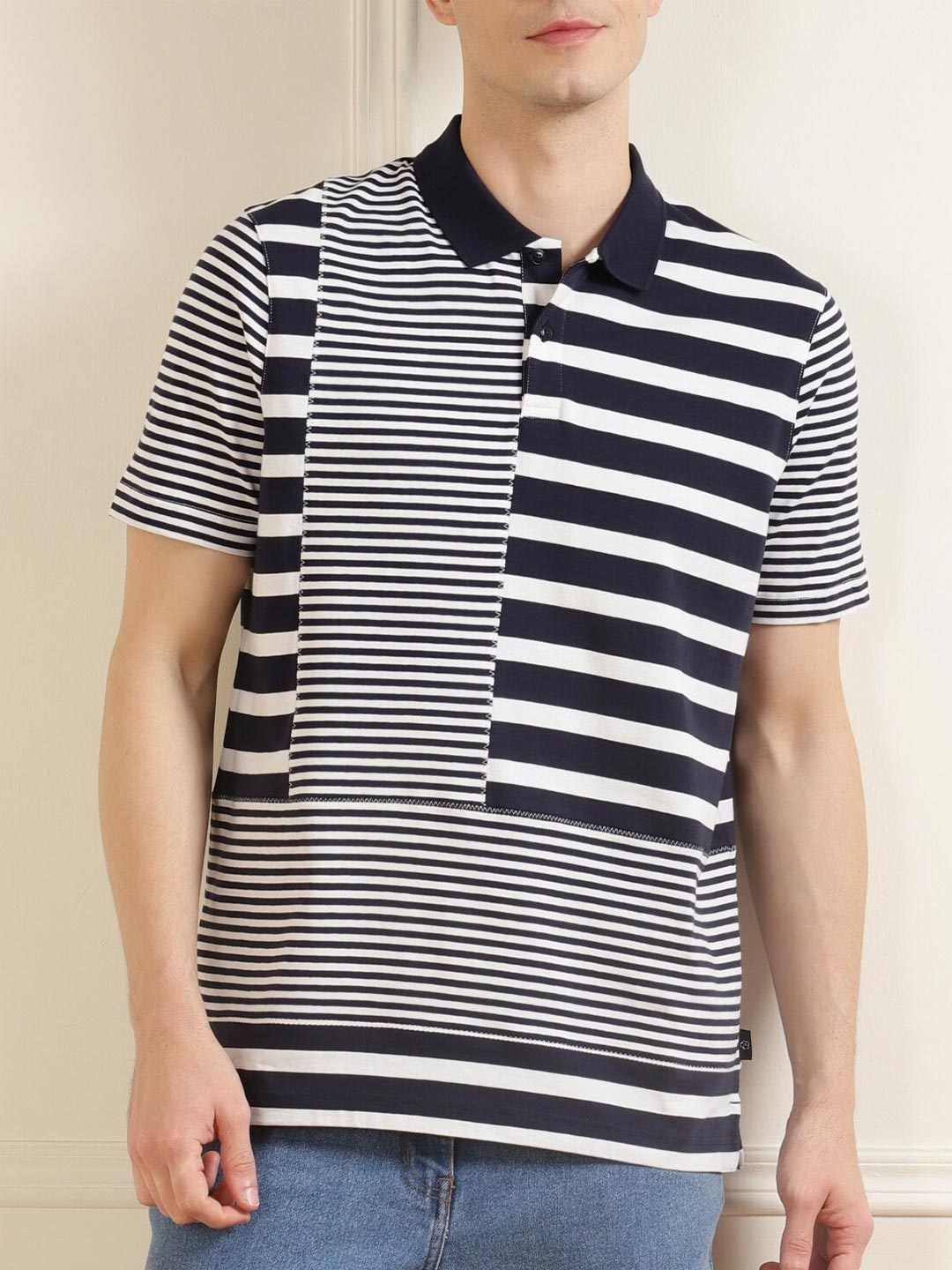 

Ted Baker Men Navy Blue & White Striped Polo Collar T-shirt