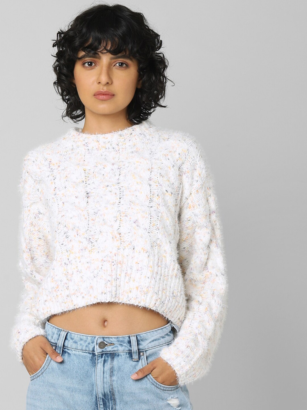 

ONLY Women White Pullover with Fuzzy Detail