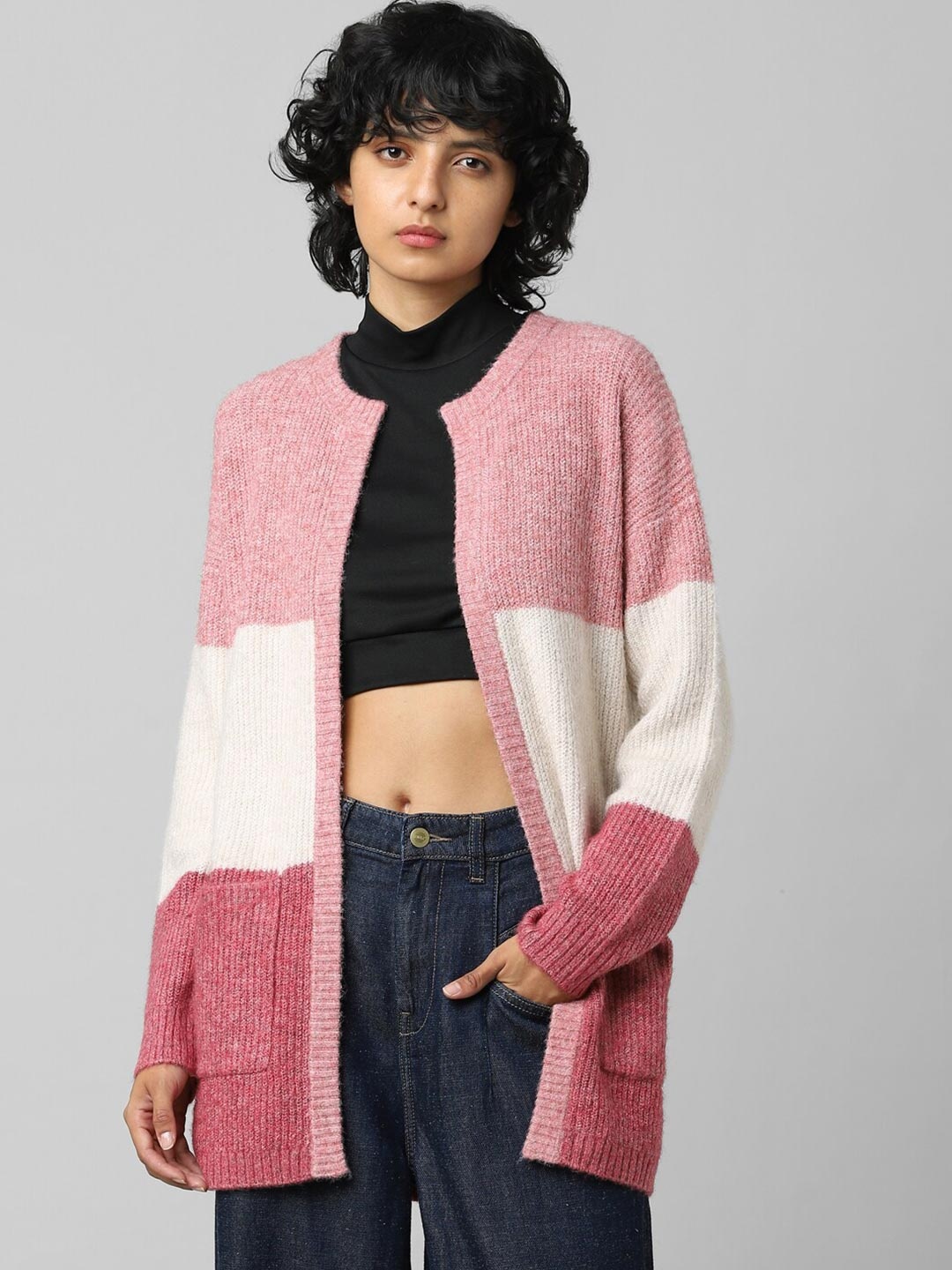 

ONLY Women Pink & White Colourblocked Cardigan