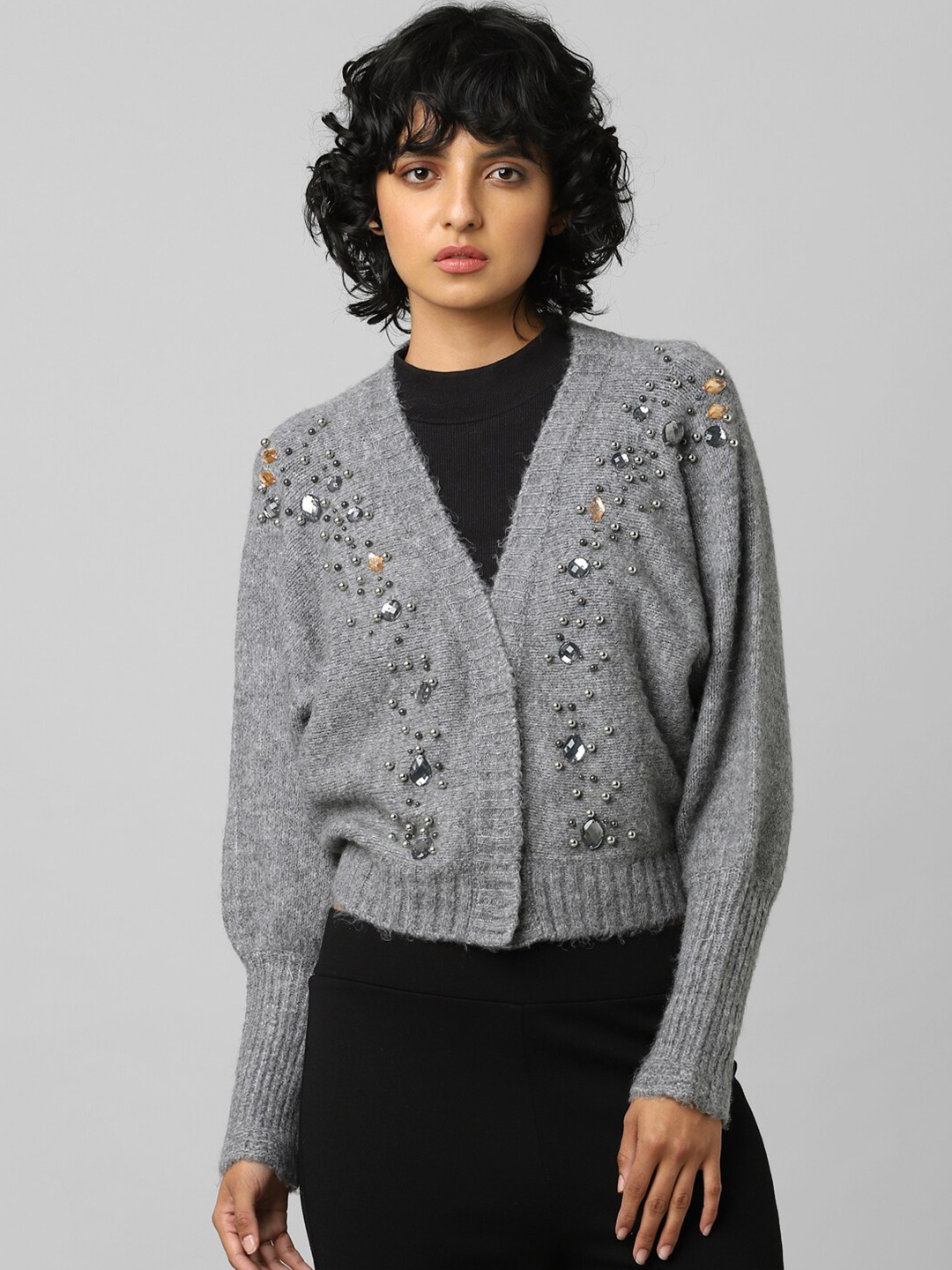 

ONLY Women Grey Self Design Embellished Acrylic Cardigan