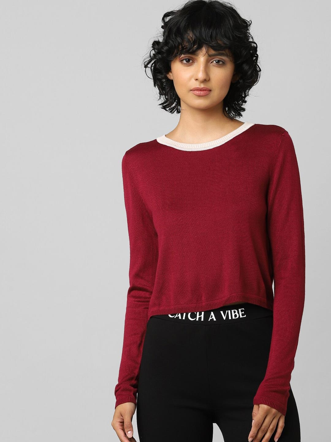 

ONLY Women Maroon & White Pullover