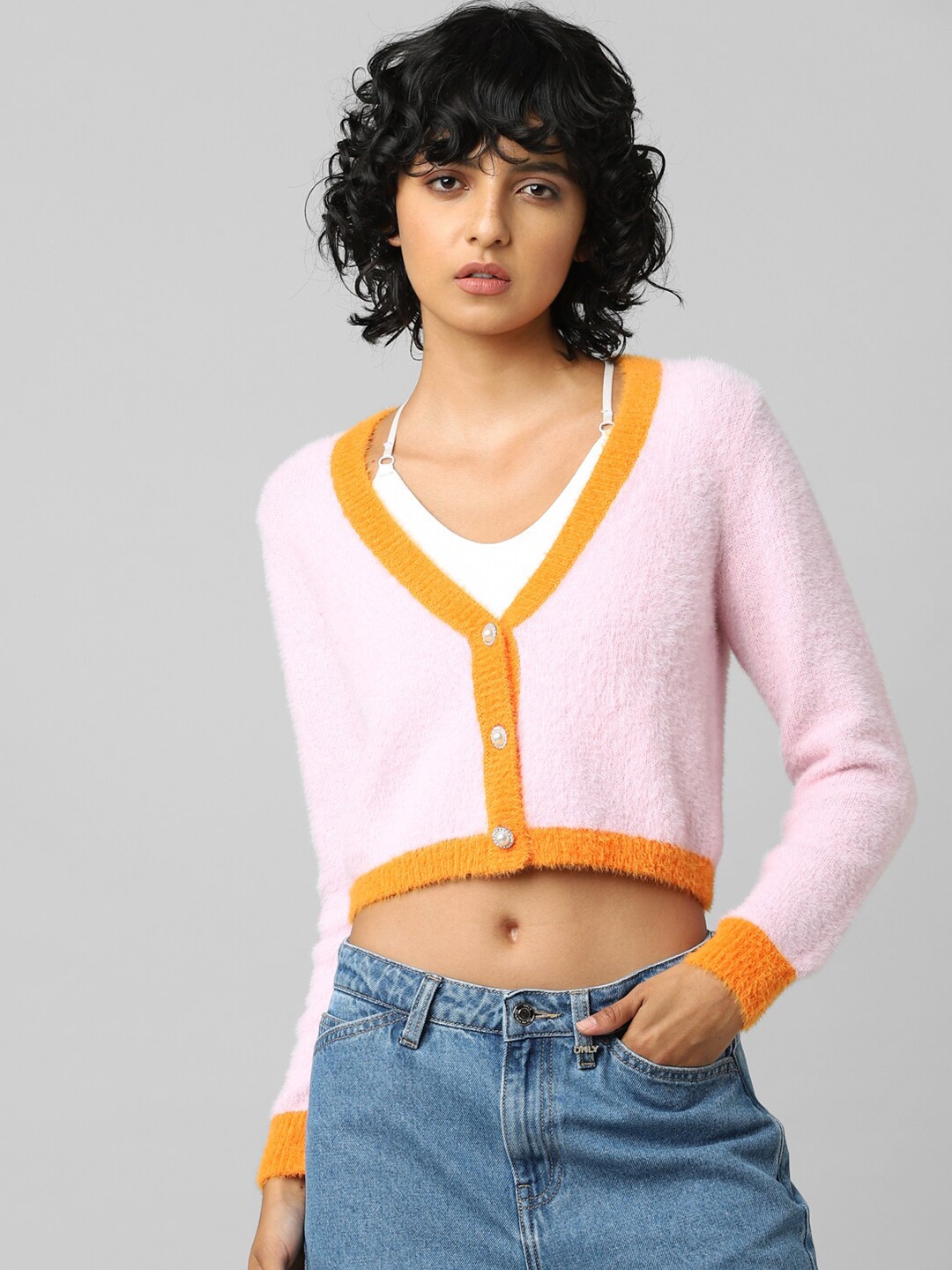 

ONLY Women Pink & Orange V Neck Crop Cardigan