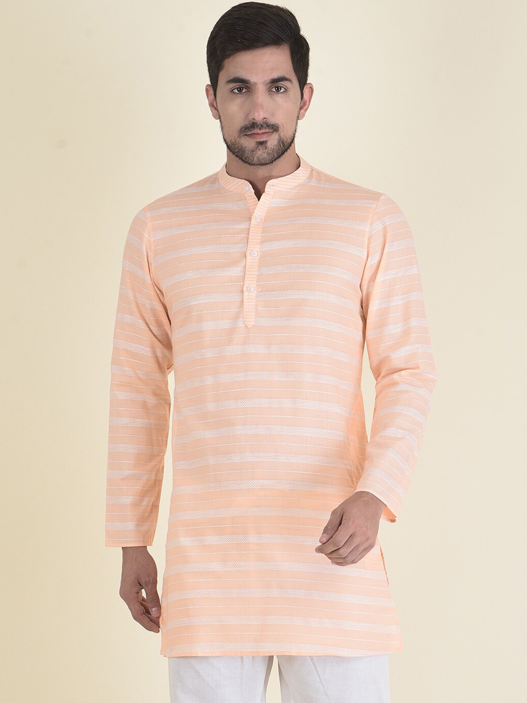 

DEYANN Men Orange Striped Kurta