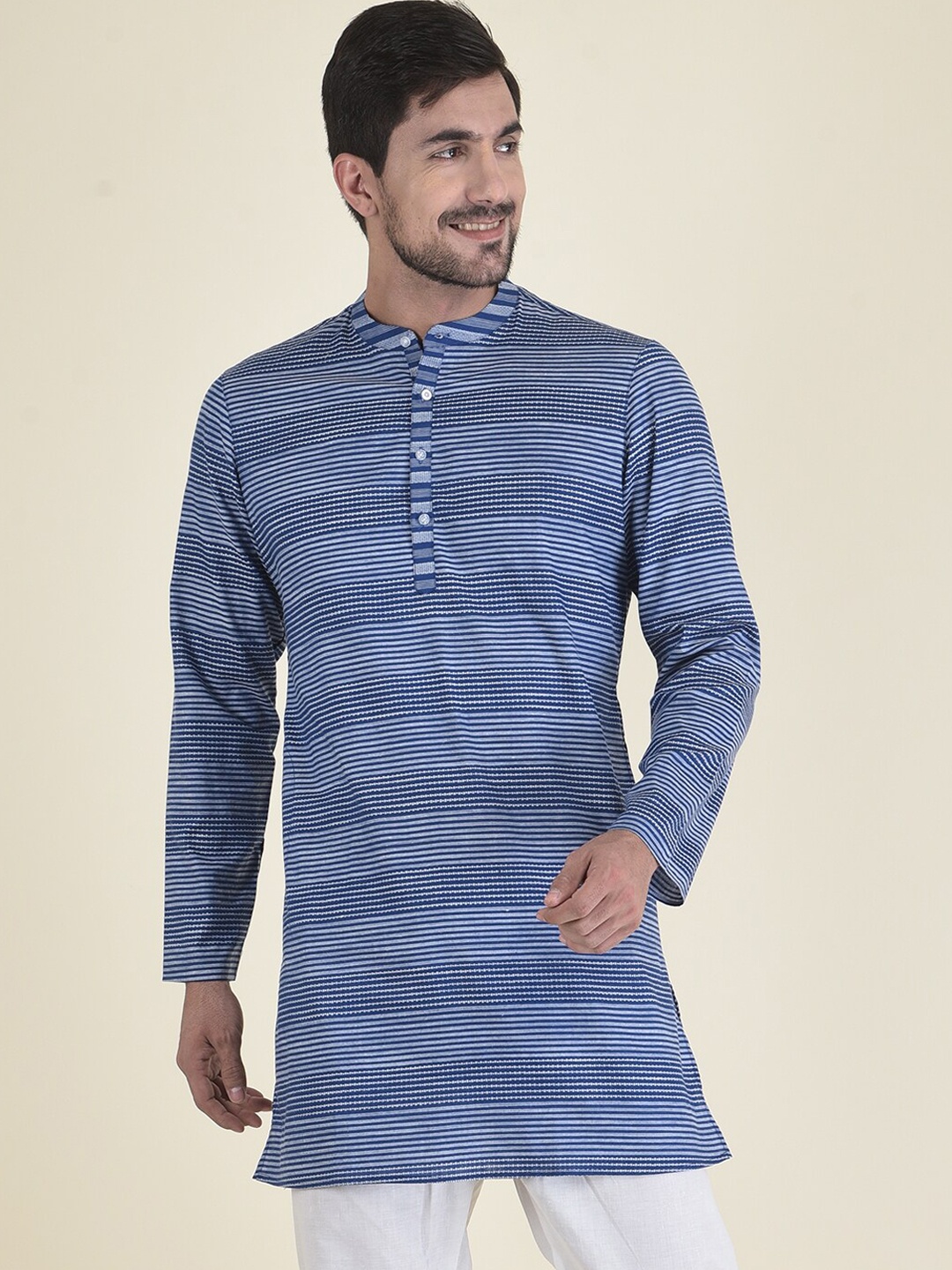

DEYANN Striped Cotton Silk Band Collar Kurta, Blue