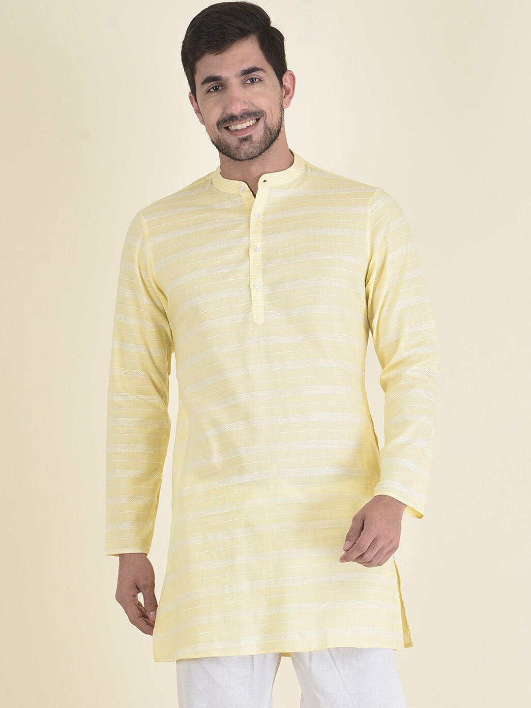 

DEYANN Men Yellow Striped Thread Work Jacquard Kurta