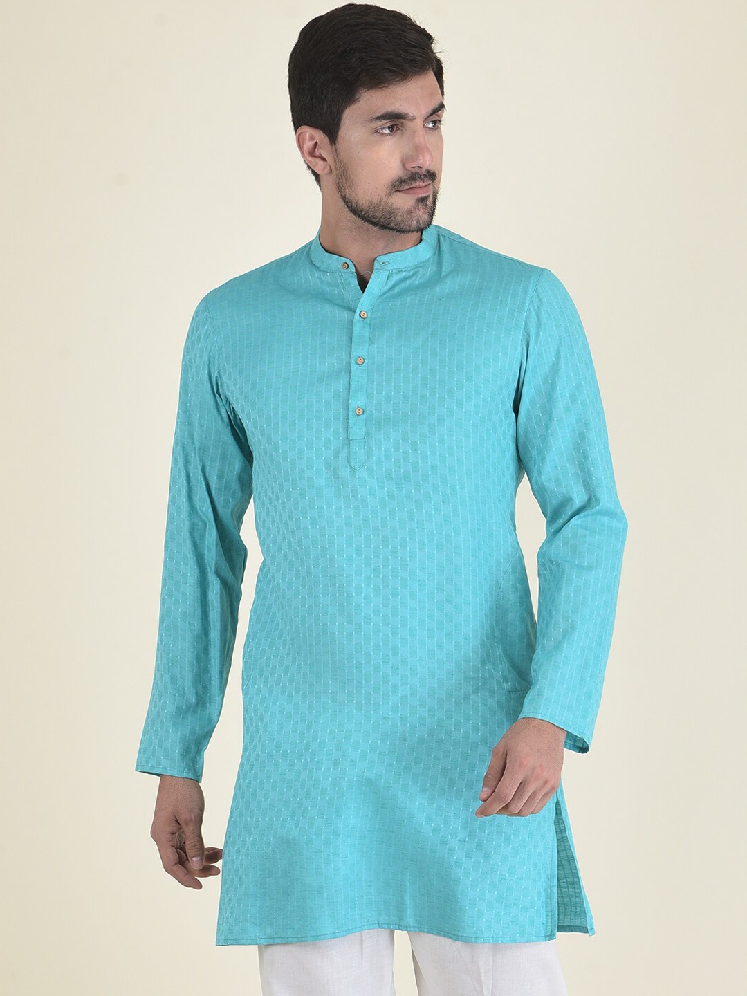 

DEYANN Men Blue Checked Jacquard Kurta