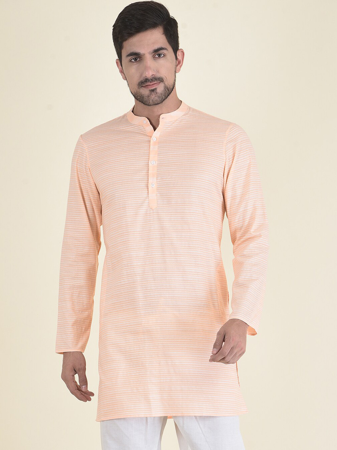 

DEYANN Men Orange Thread Work Jacquard Kurta