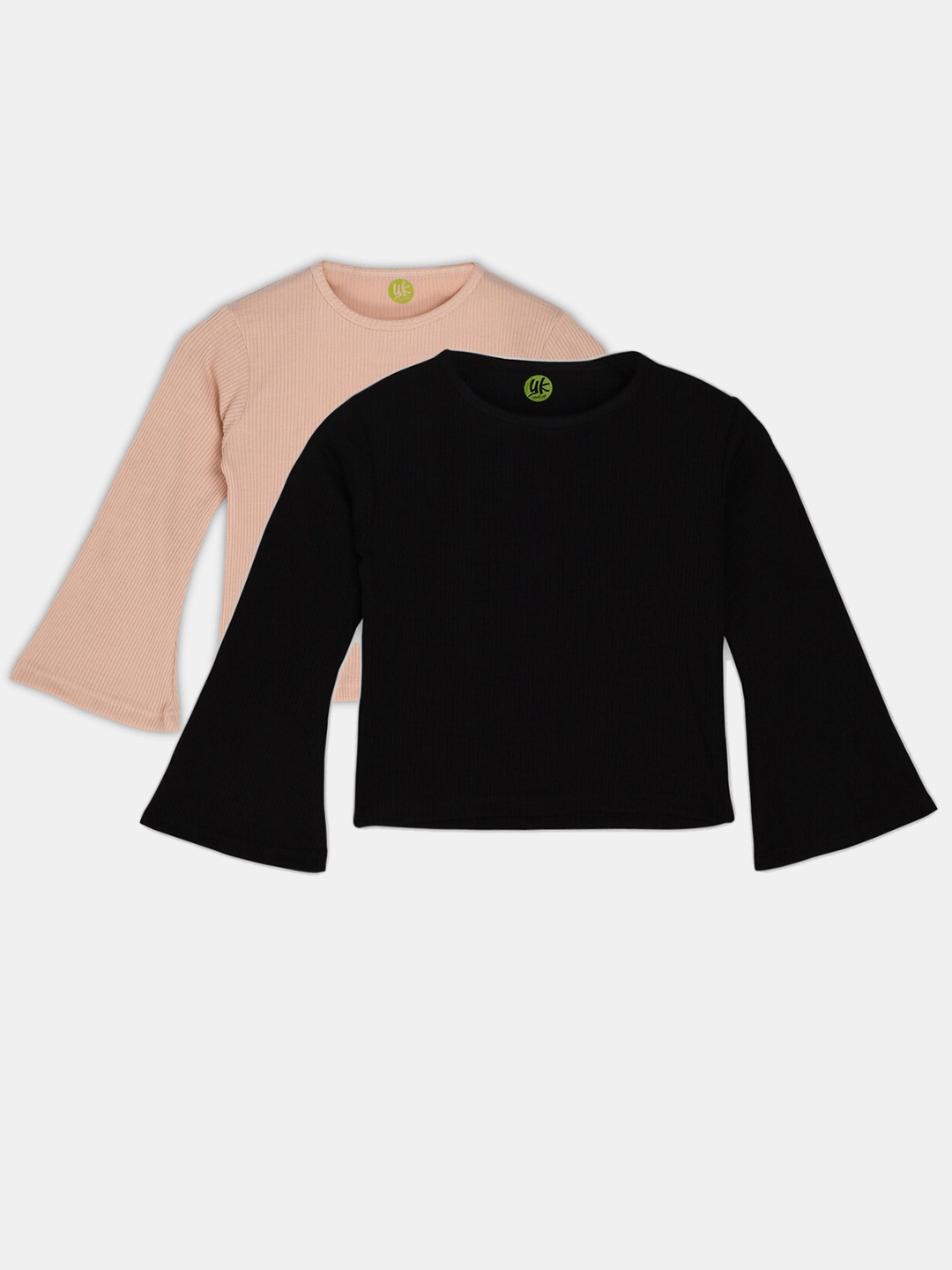 

YK Teen Girls Pack of 2 Peach & Black Ribbed Top with Long Bell Sleeves, Assorted