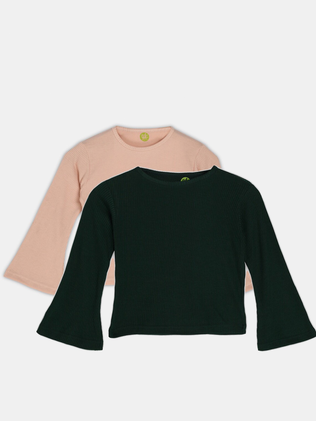 

YK Teen Girls Pack of 2 Peach & Balck Ribbed Tops with Bell Sleeves, Assorted