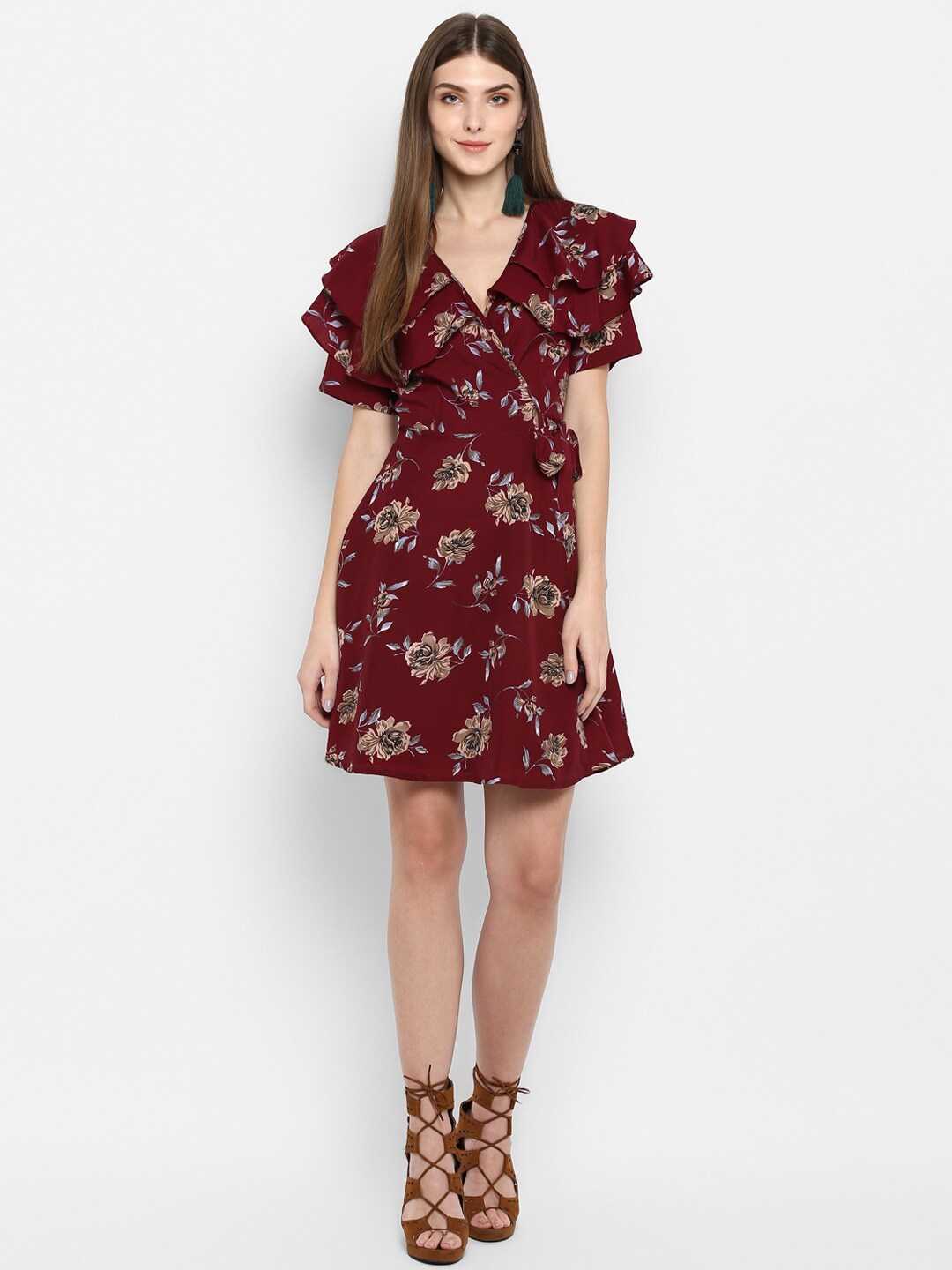 

TRENDY DIVVA Women Maroon Floral Printed V-Neck Mini Wrap Dress