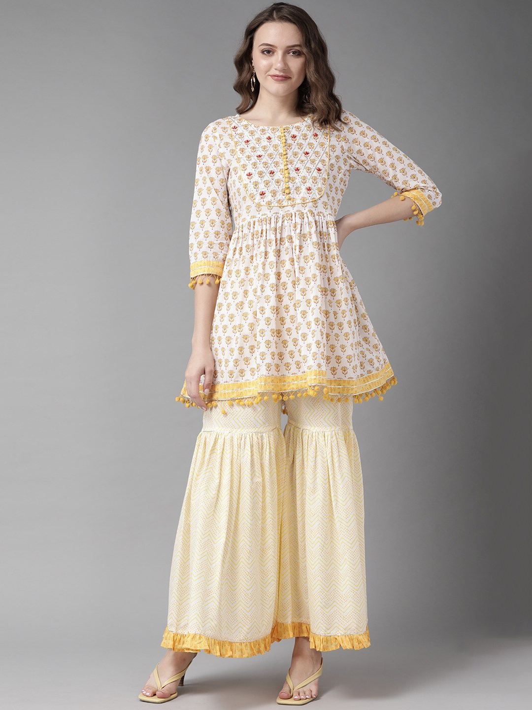 

Amirah s Women Off White Ethnic Motifs Printed Pleated Beads and Stones Pure Cotton Kurta with Sharara