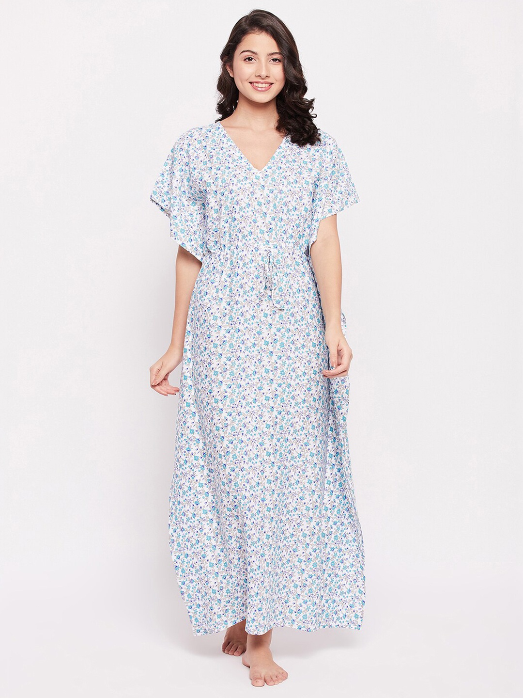 

Clovia Women Blue Printed Pure Cotton Kaftan Maxi Nightdress