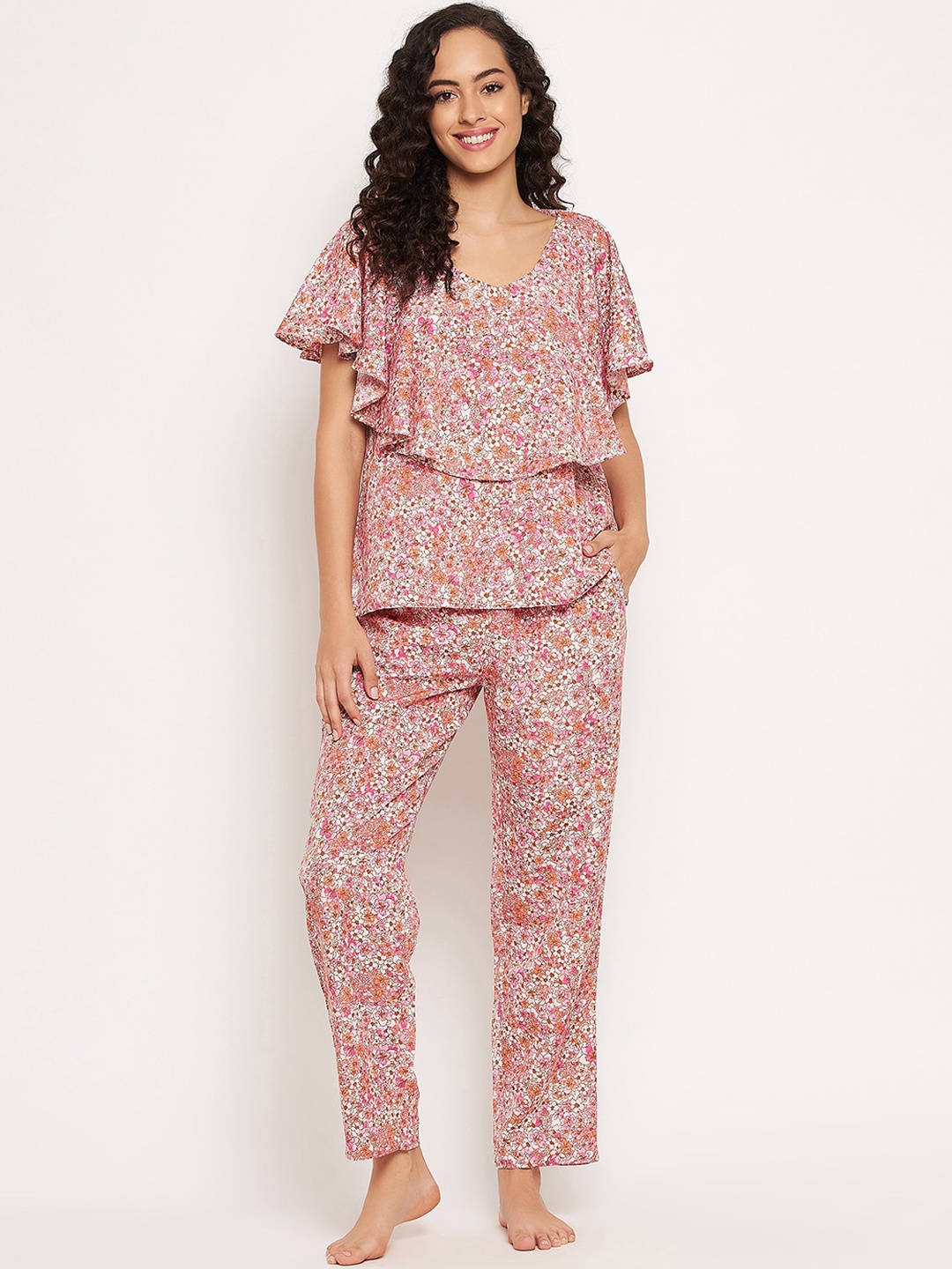 

Clovia Women Pink & White Floral Printed Night Suit